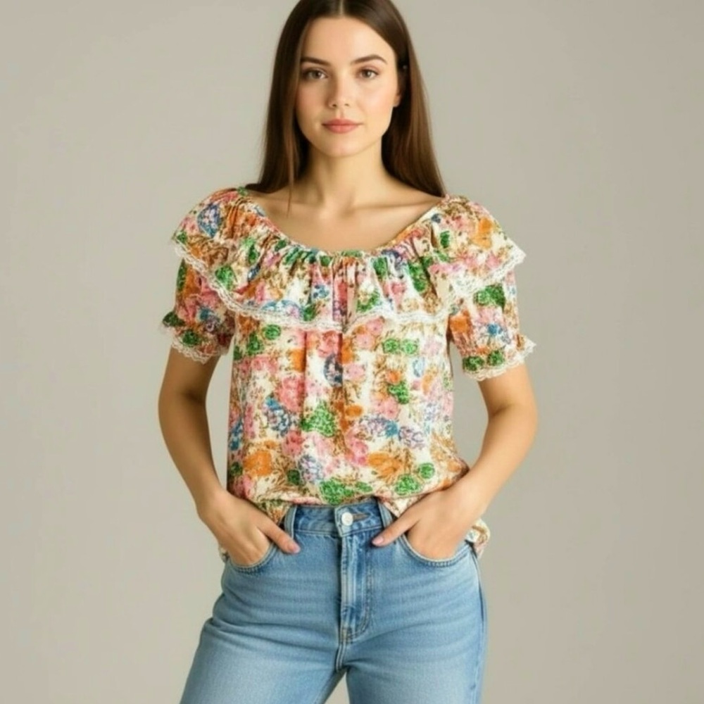 Vintage Tru-West Rockmount Ranchwear Floral Cottagecore Peasant Ruffle Shirt
